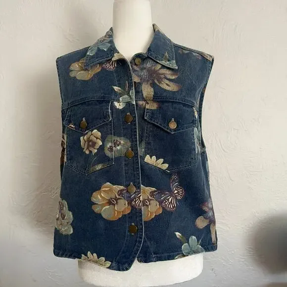 VTG Women's M All Over Butterfly Floral Print Festival Denim Vest Made in USA - Picture 8 of 10